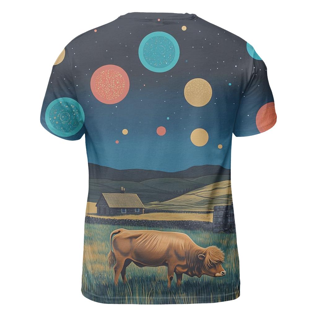 Planetary Meadow With Highland Cow Grazing trendy printed shirt styles
