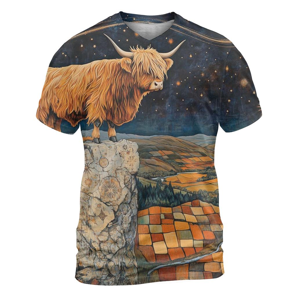 Highland Cow On The Comet Stone Outcrop designer pattern shirts