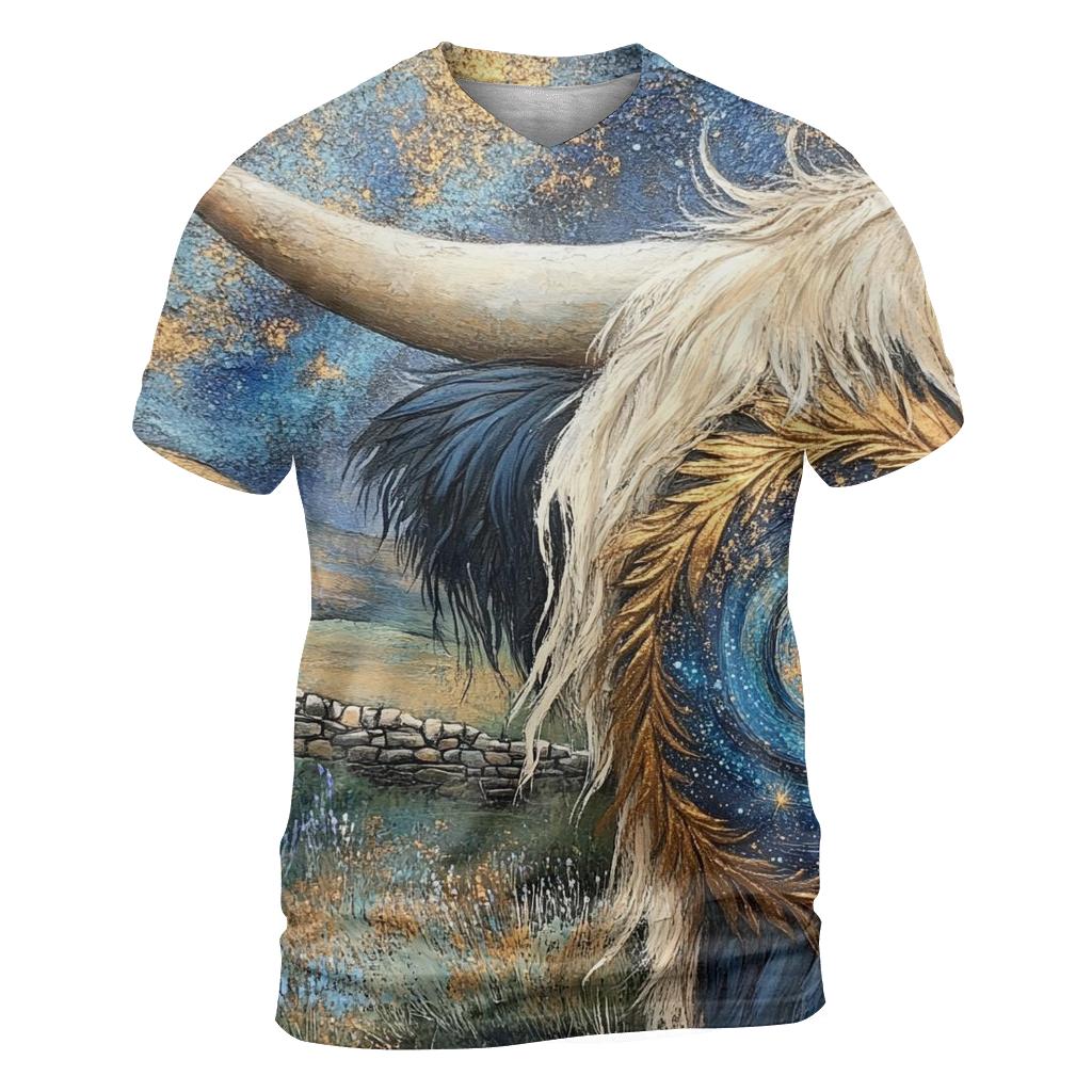 Galaxy Swirl In A Highland Cow Horn Pattern statement graphic shirts