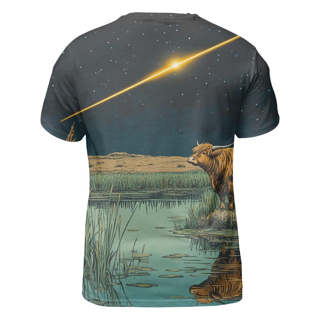 Meteor Path Across The Highland Cow Marsh vibrant all-over design tees