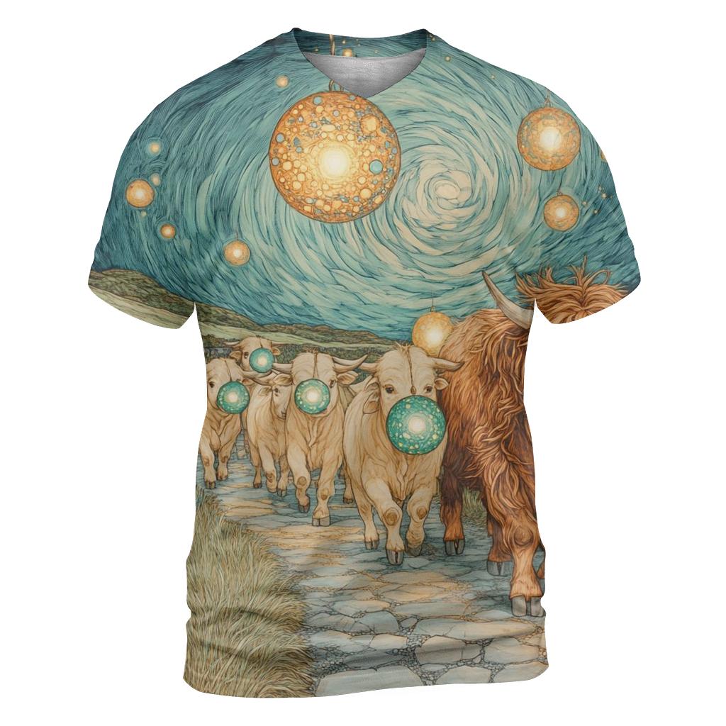 Highland Cow Lantern Parade Under The Star Dome artistic all-over print tops