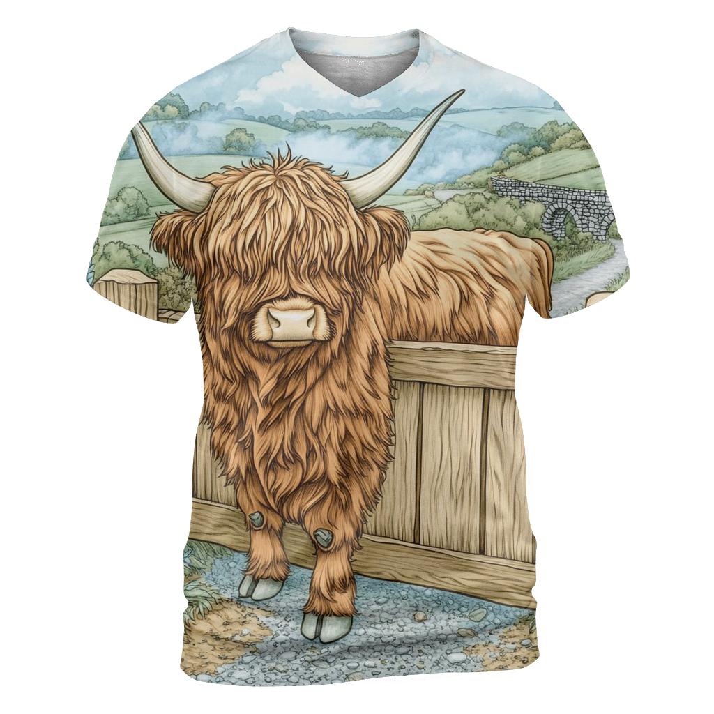 Morning Mist With A Highland Cow At The Gate vibrant all-over design tees