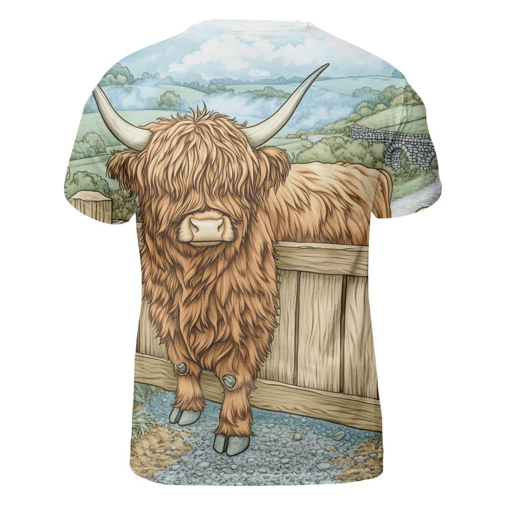 Morning Mist With A Highland Cow At The Gate vibrant all-over design tees