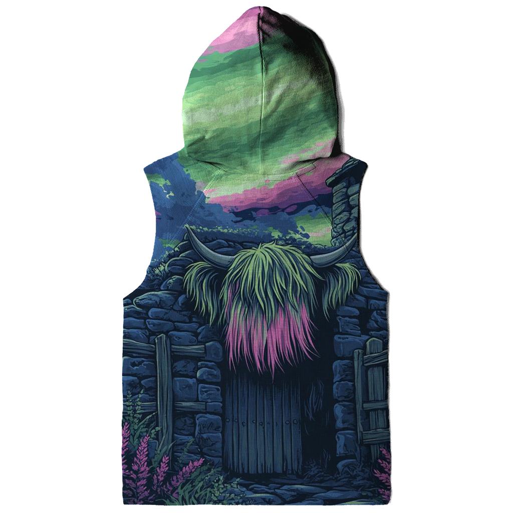 Aurora Dance Over The Rustic Highland Cow Byre graphic hoodies