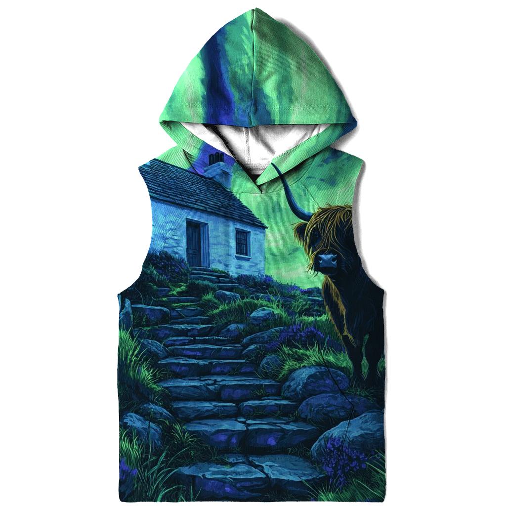 Northern Lights Cottage With Highland Cow Guard hoodie designs