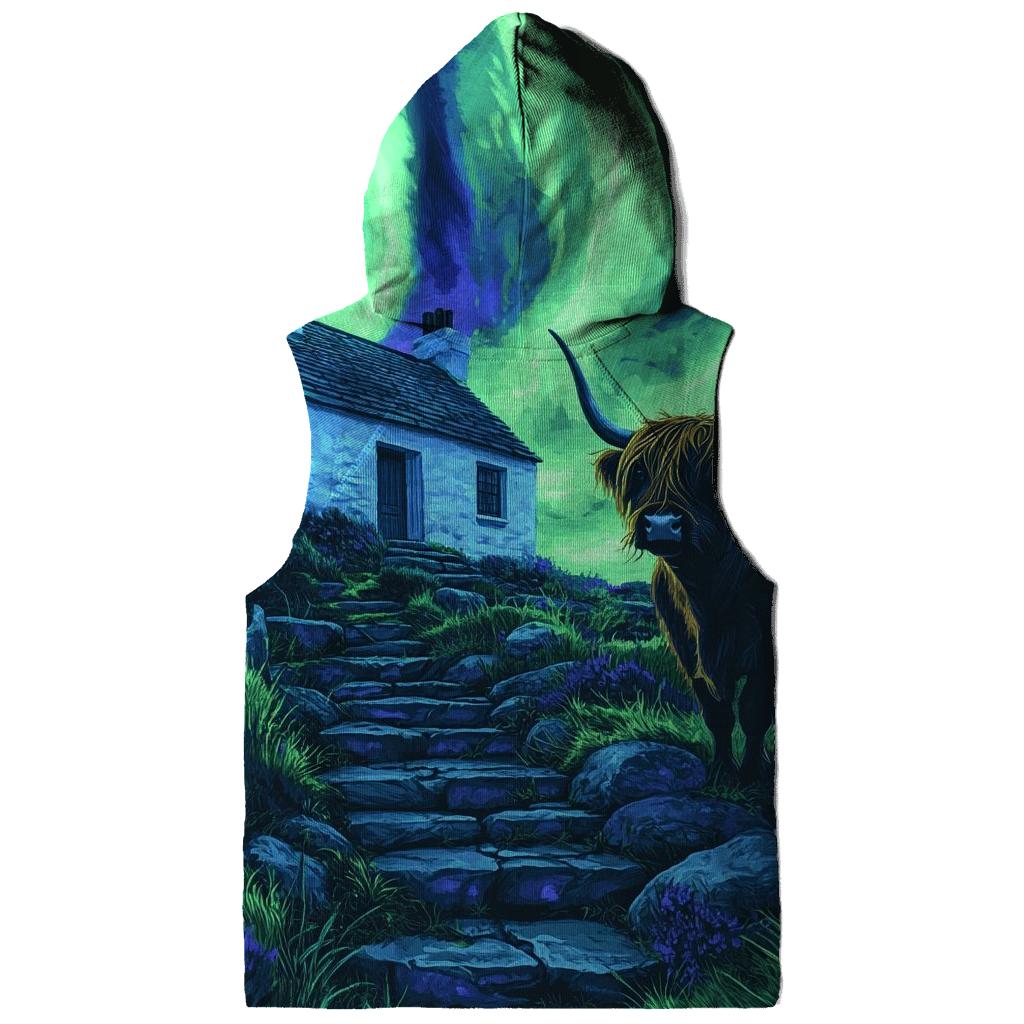 Northern Lights Cottage With Highland Cow Guard hoodie designs