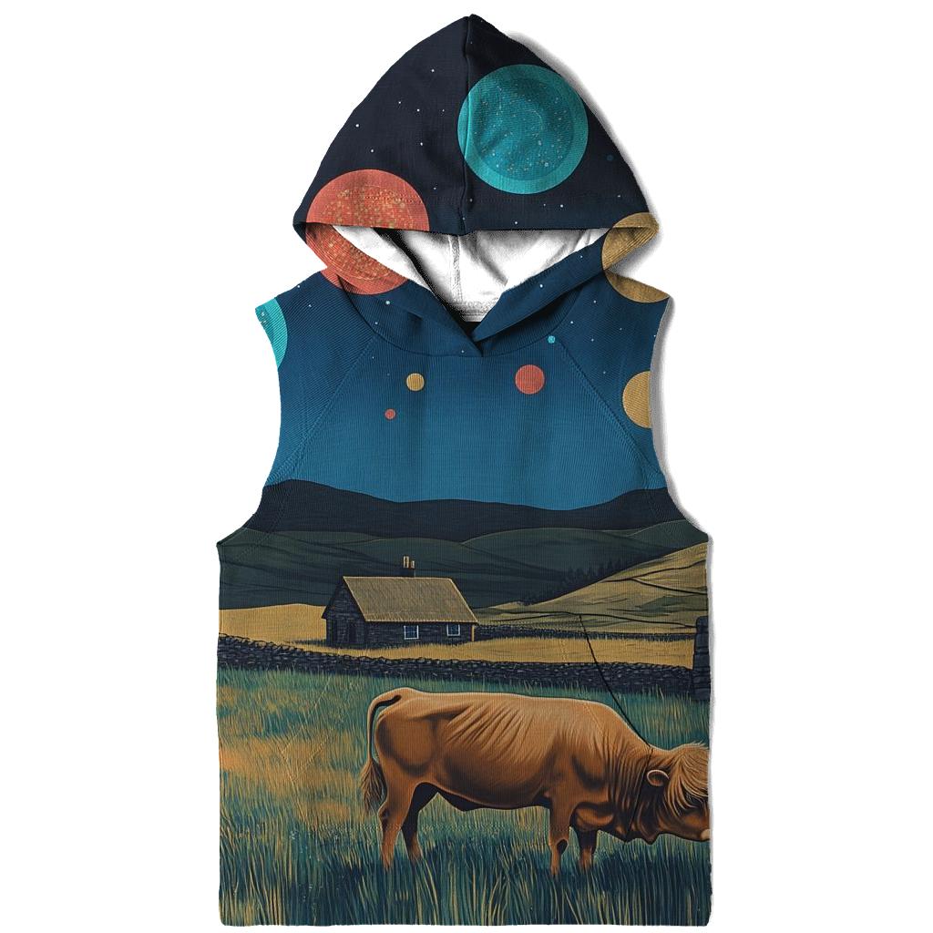 Planetary Meadow With Highland Cow Grazing premium hoodies