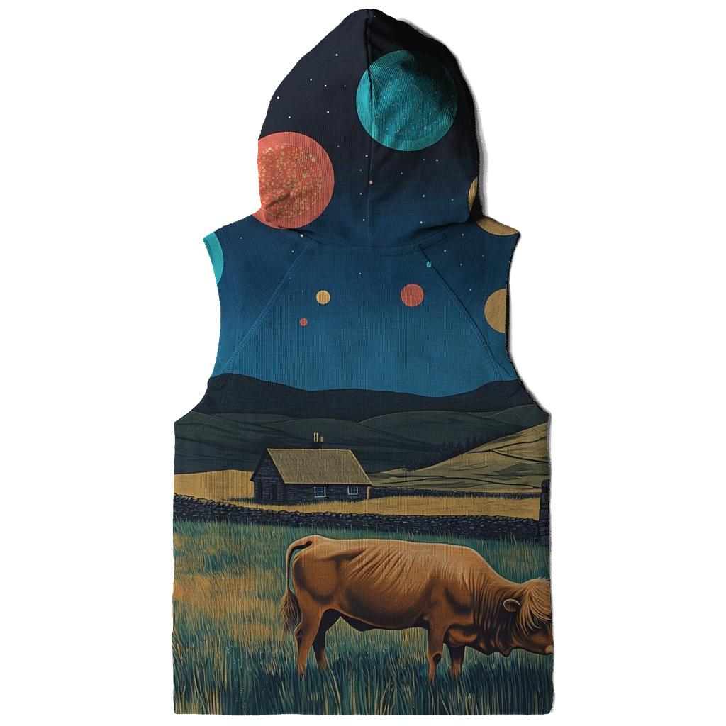 Planetary Meadow With Highland Cow Grazing premium hoodies