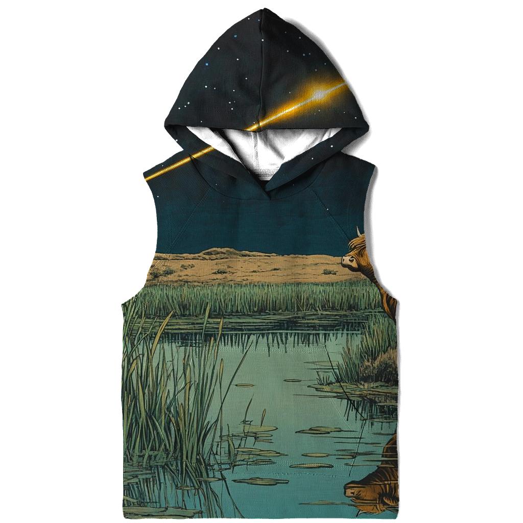 Meteor Path Across The Highland Cow Marsh pullover hoodies