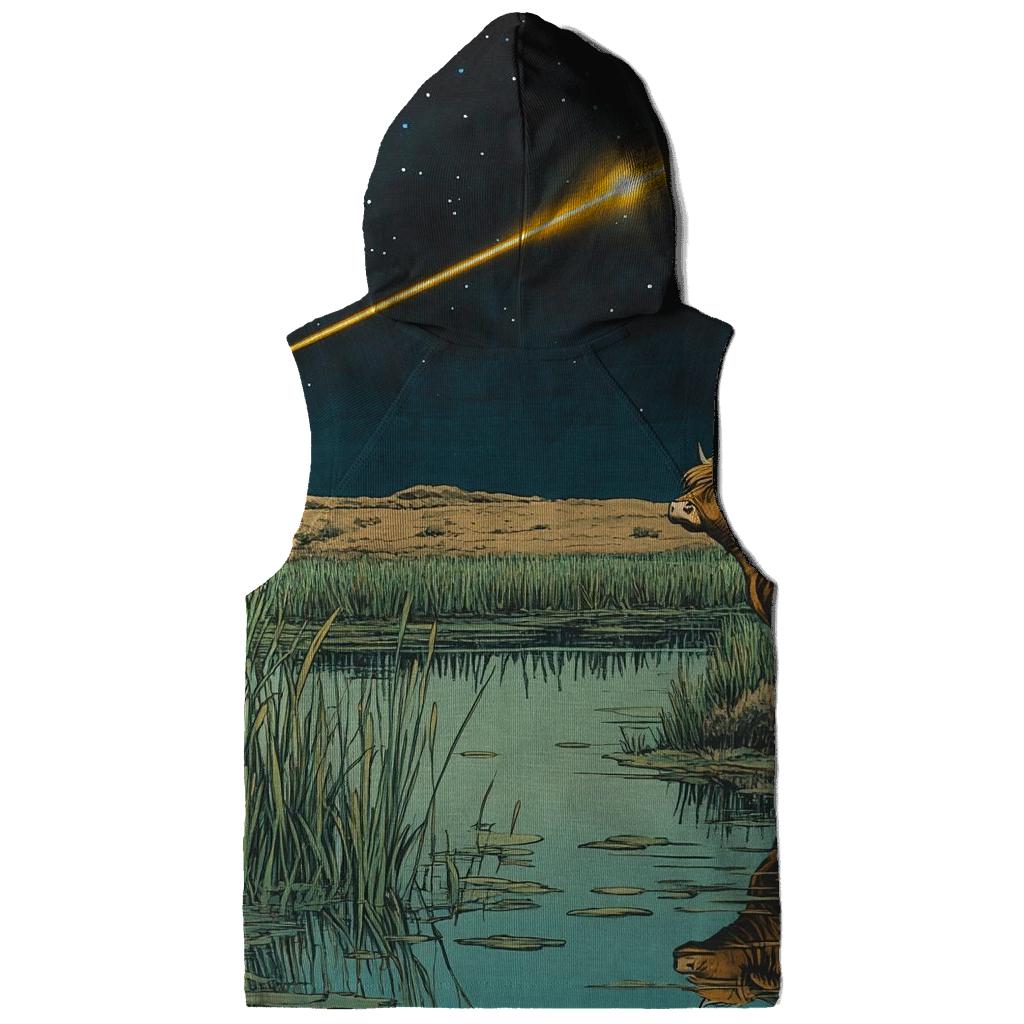 Meteor Path Across The Highland Cow Marsh pullover hoodies