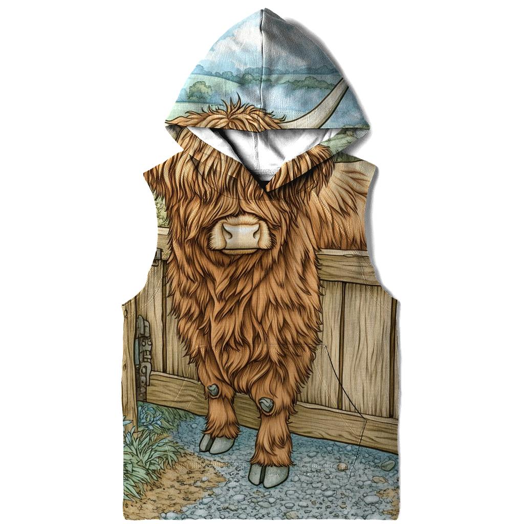 Morning Mist With A Highland Cow At The Gate hoodies fashion