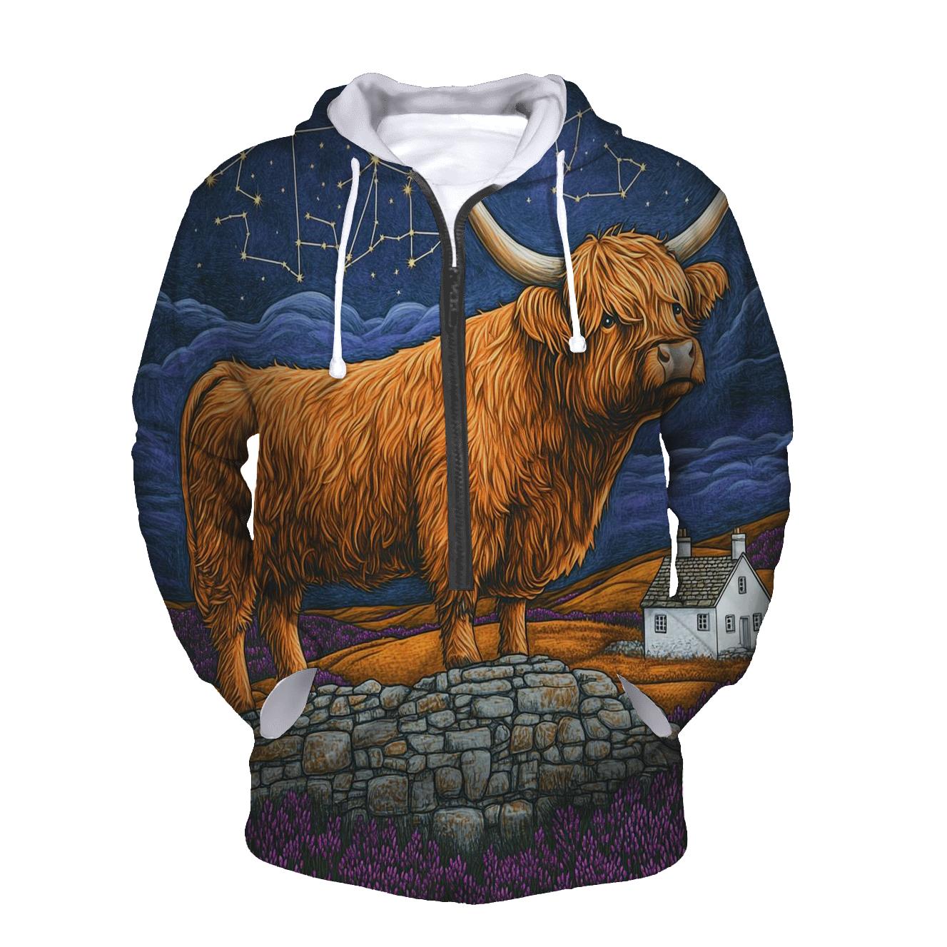 Highland Cow Stargazer Of The Heather Moors graphic hoodies