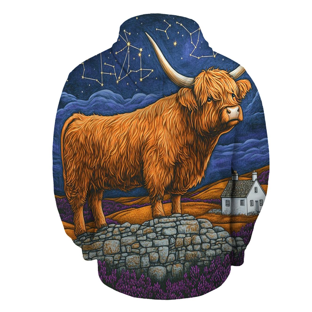 Highland Cow Stargazer Of The Heather Moors graphic hoodies