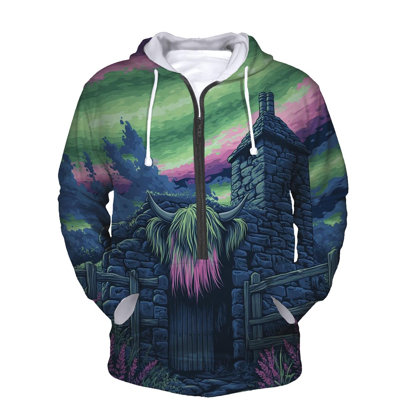 Aurora Dance Over The Rustic Highland Cow Byre embroidered hoodies