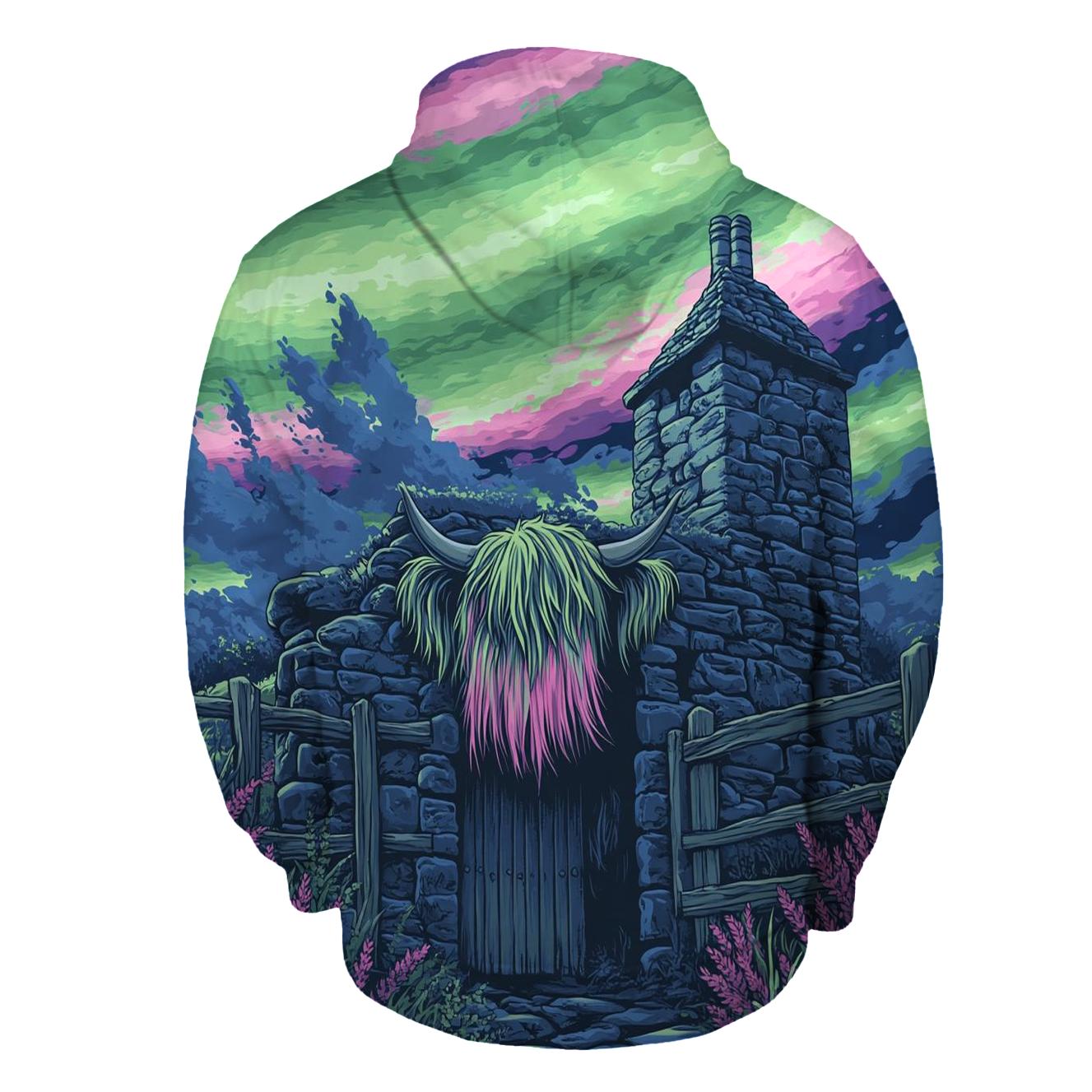 Aurora Dance Over The Rustic Highland Cow Byre embroidered hoodies