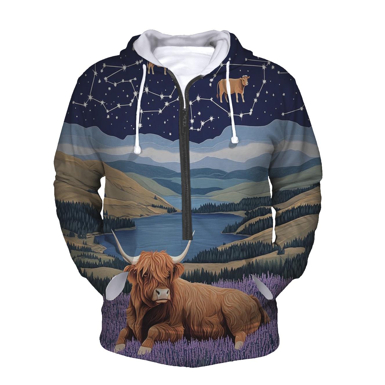 Heather Ridge With Highland Cow Constellations printed hoodies