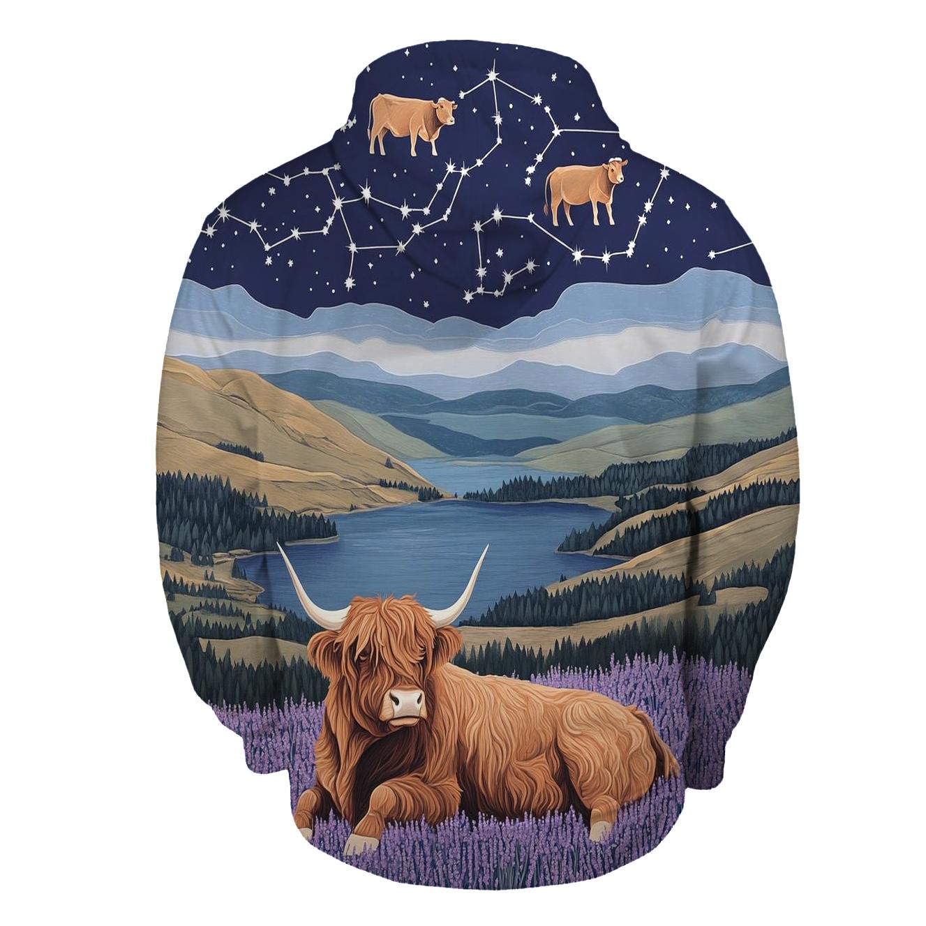 Heather Ridge With Highland Cow Constellations printed hoodies