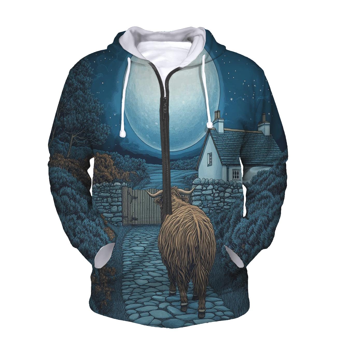 Moonlit Croft Path Highland Cow hoodie designs