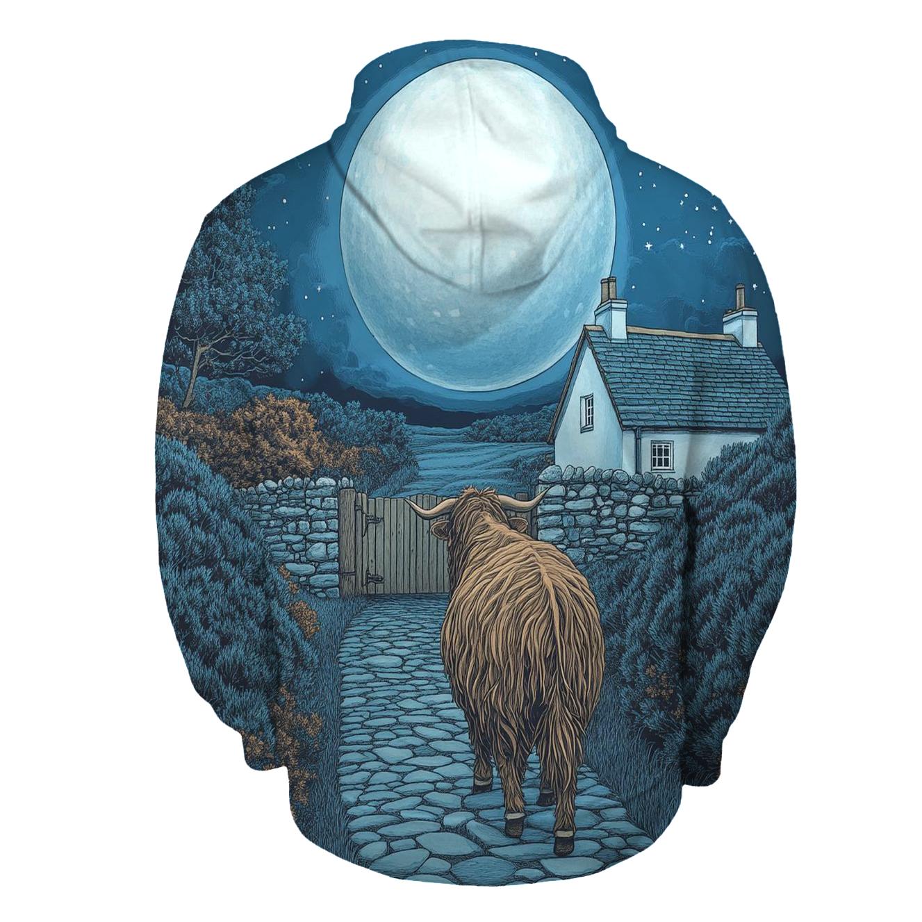 Moonlit Croft Path Highland Cow hoodie designs