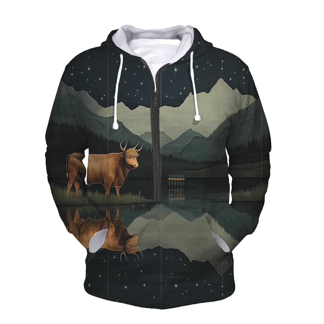 Highland Cow Reflections In The Star Loch graphic hoodies
