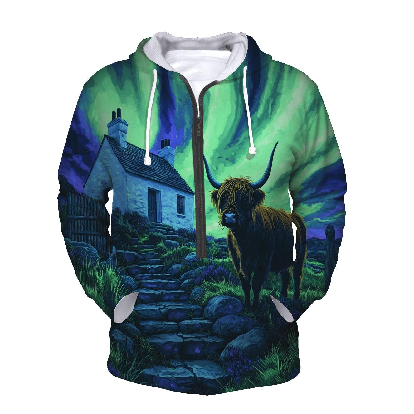 Northern Lights Cottage With Highland Cow Guard hoodie styles