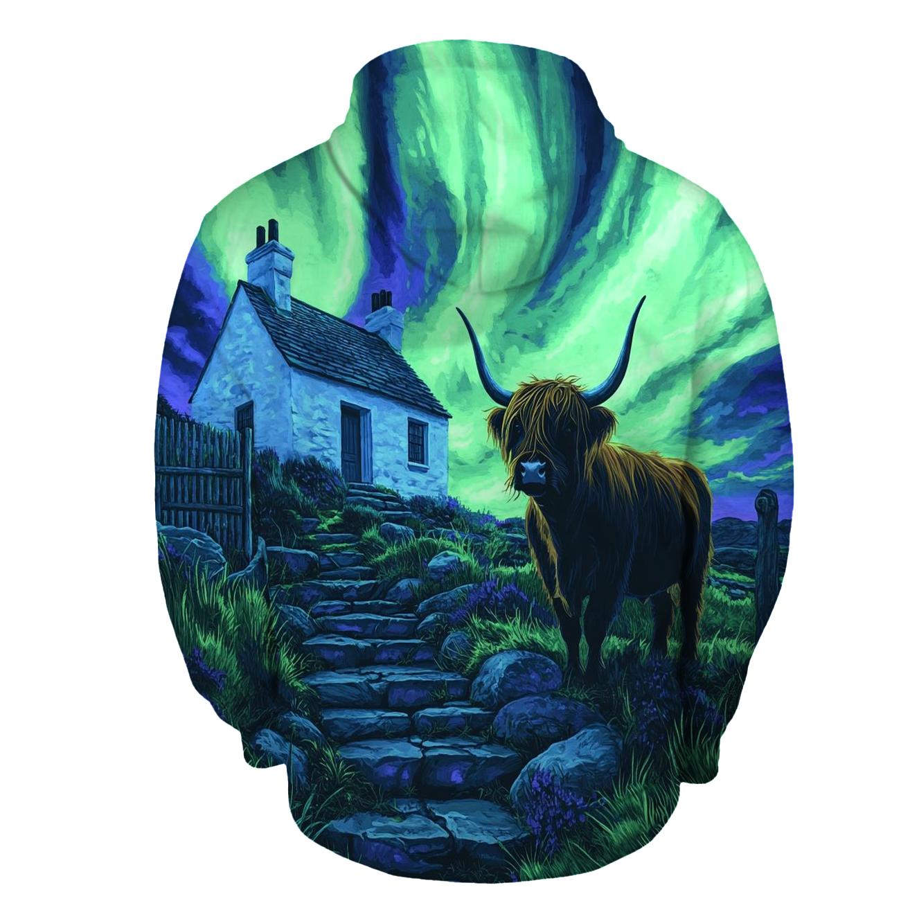 Northern Lights Cottage With Highland Cow Guard hoodie styles