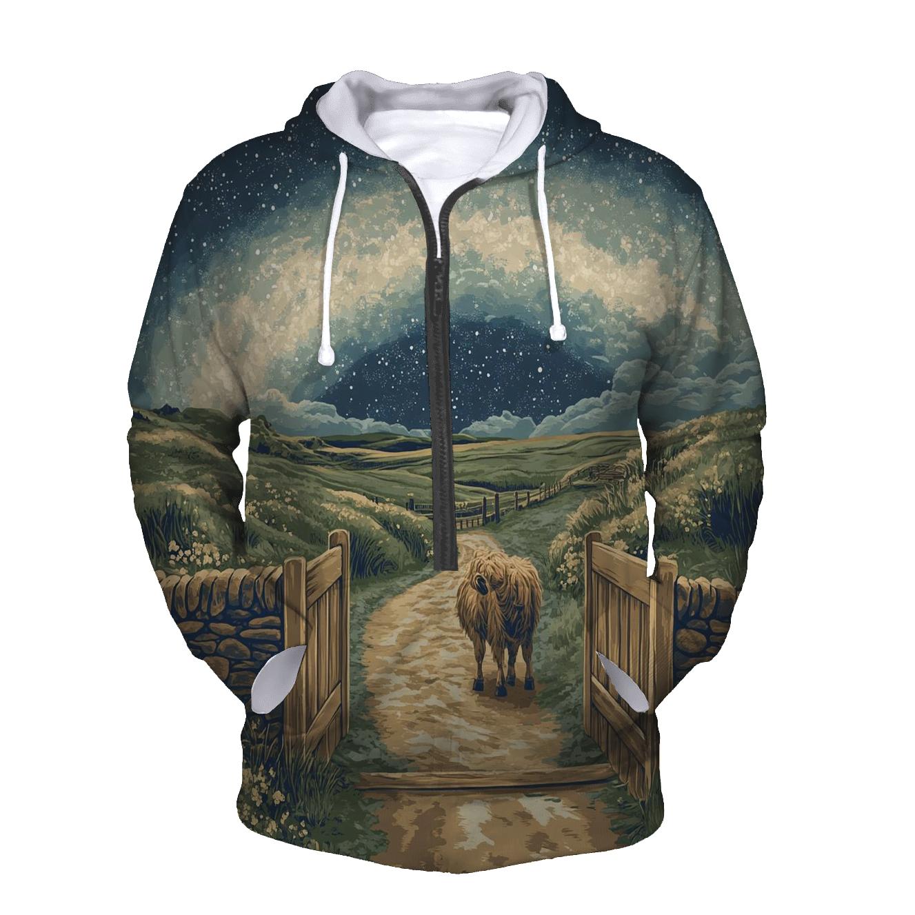 Highland Cow At The Milky Way Gate embroidered hoodies