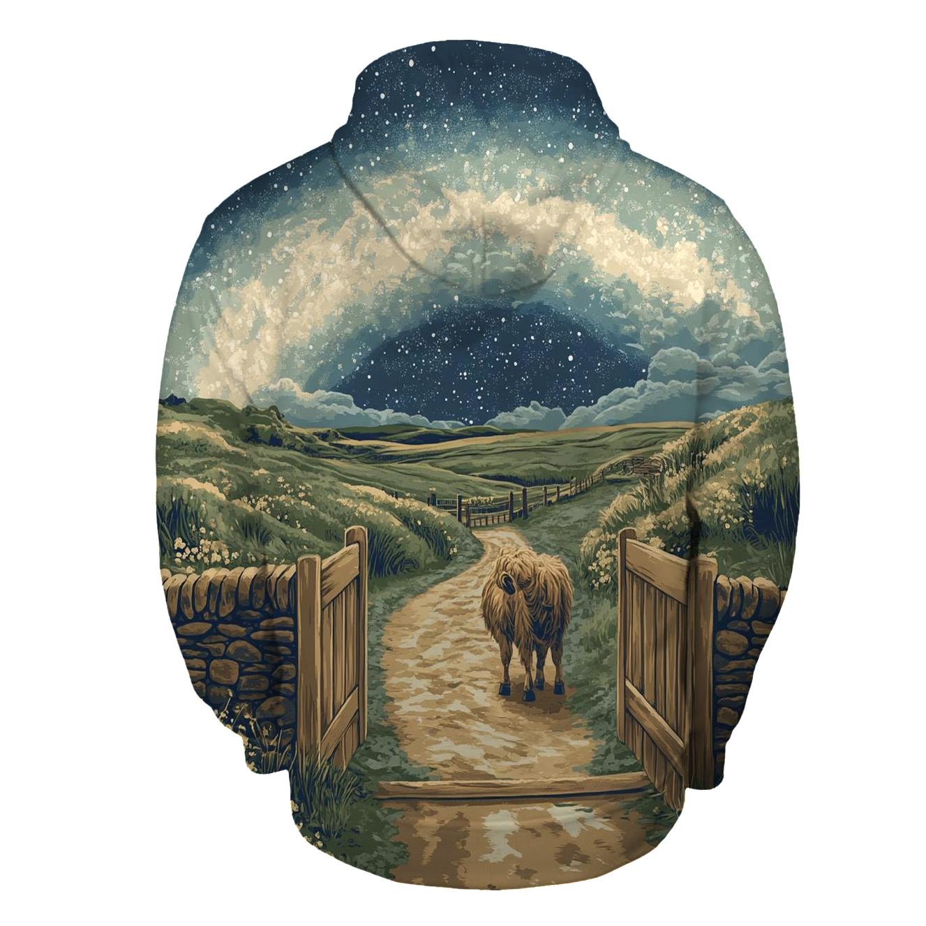 Highland Cow At The Milky Way Gate embroidered hoodies