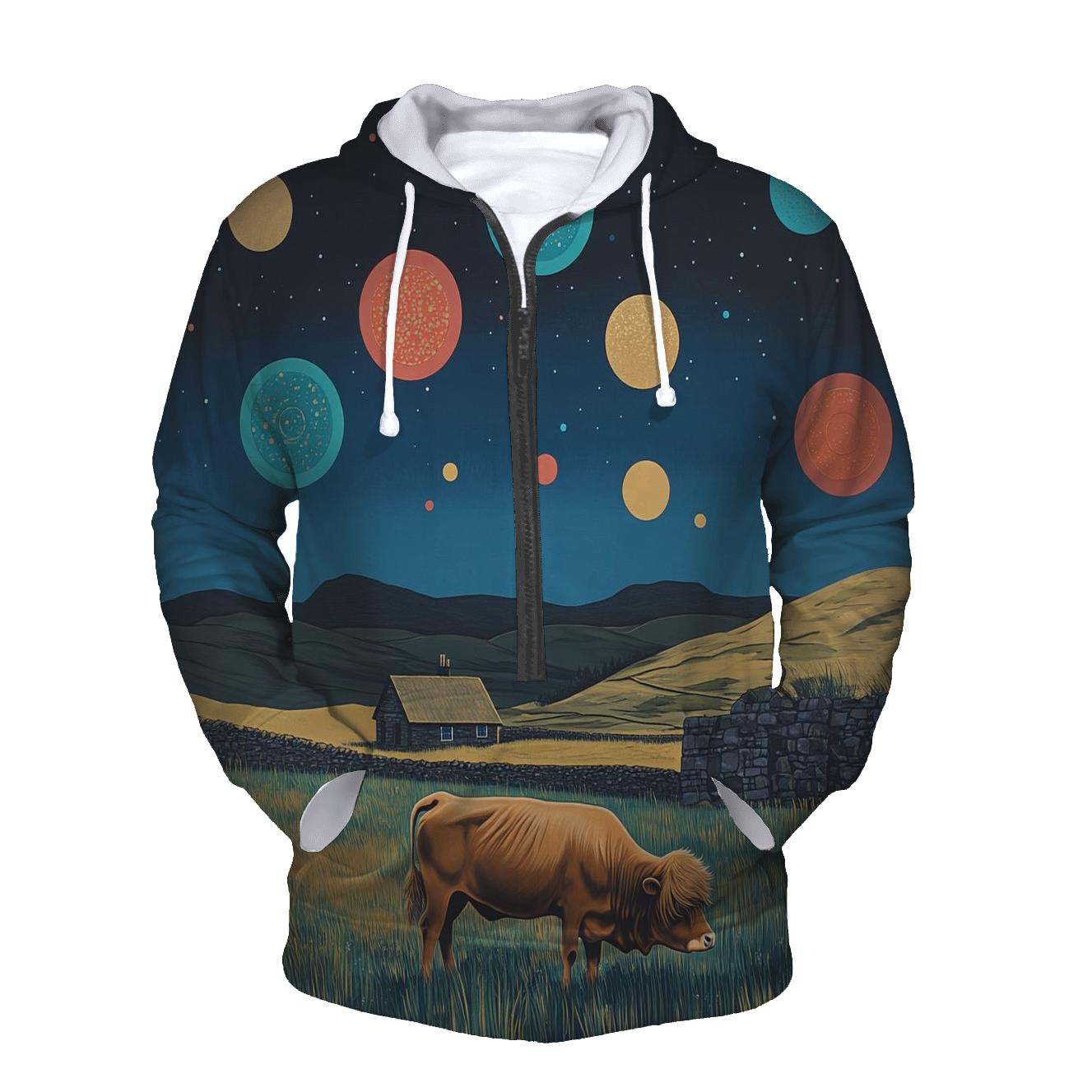 Planetary Meadow With Highland Cow Grazing lightweight hoodies