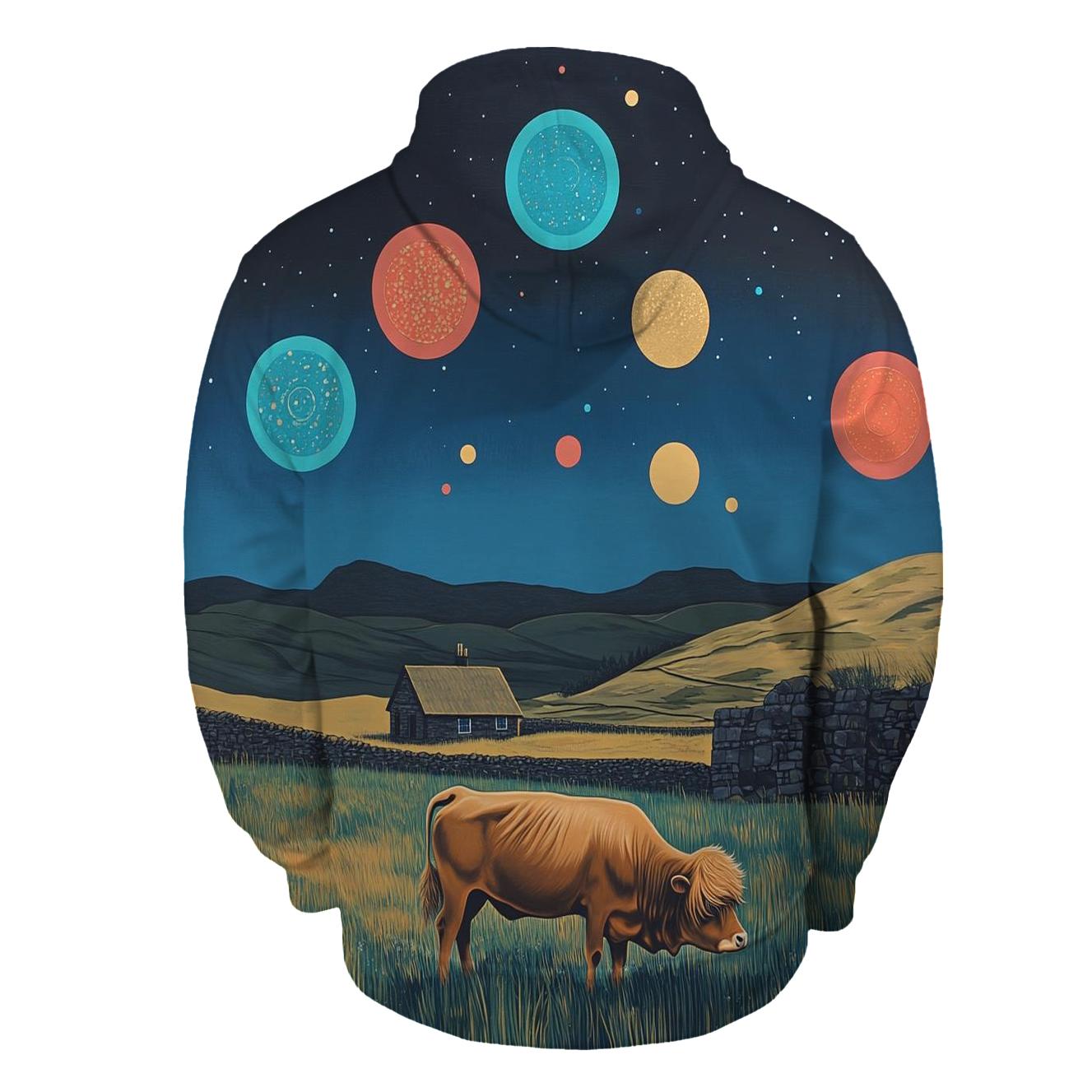 Planetary Meadow With Highland Cow Grazing lightweight hoodies