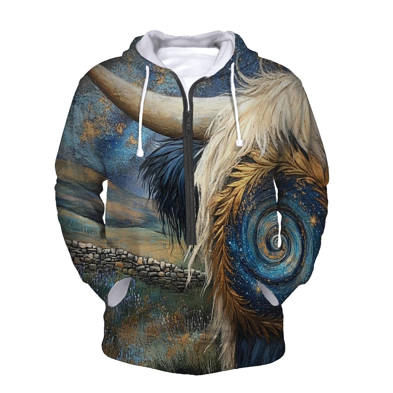 Galaxy Swirl In A Highland Cow Horn Pattern pullover hoodies