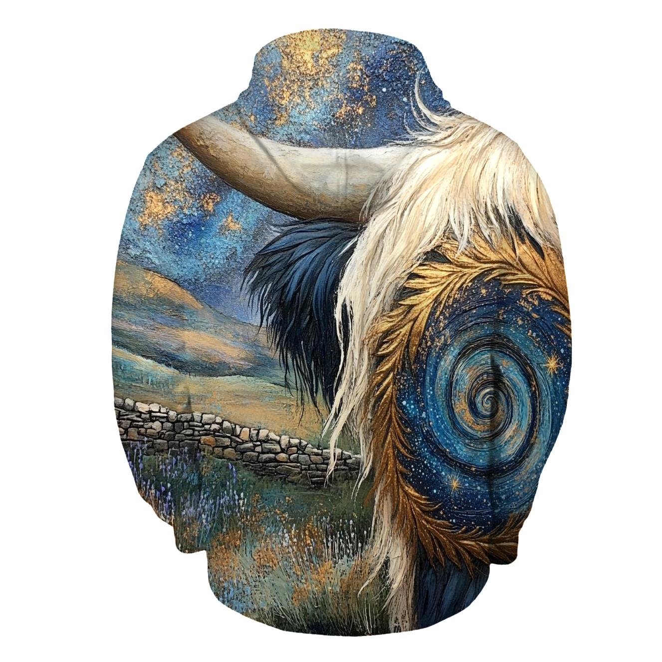 Galaxy Swirl In A Highland Cow Horn Pattern pullover hoodies