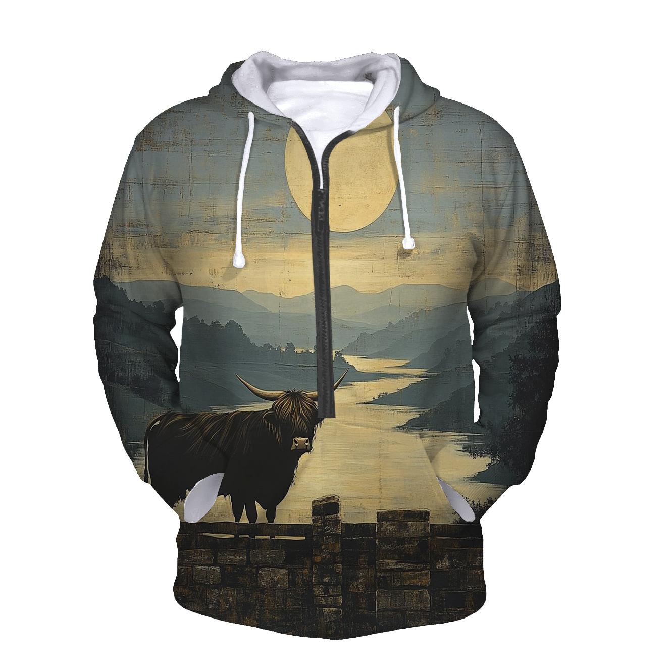 Highland Cow Dawn Eclipse Over The Glen zip-up hoodies