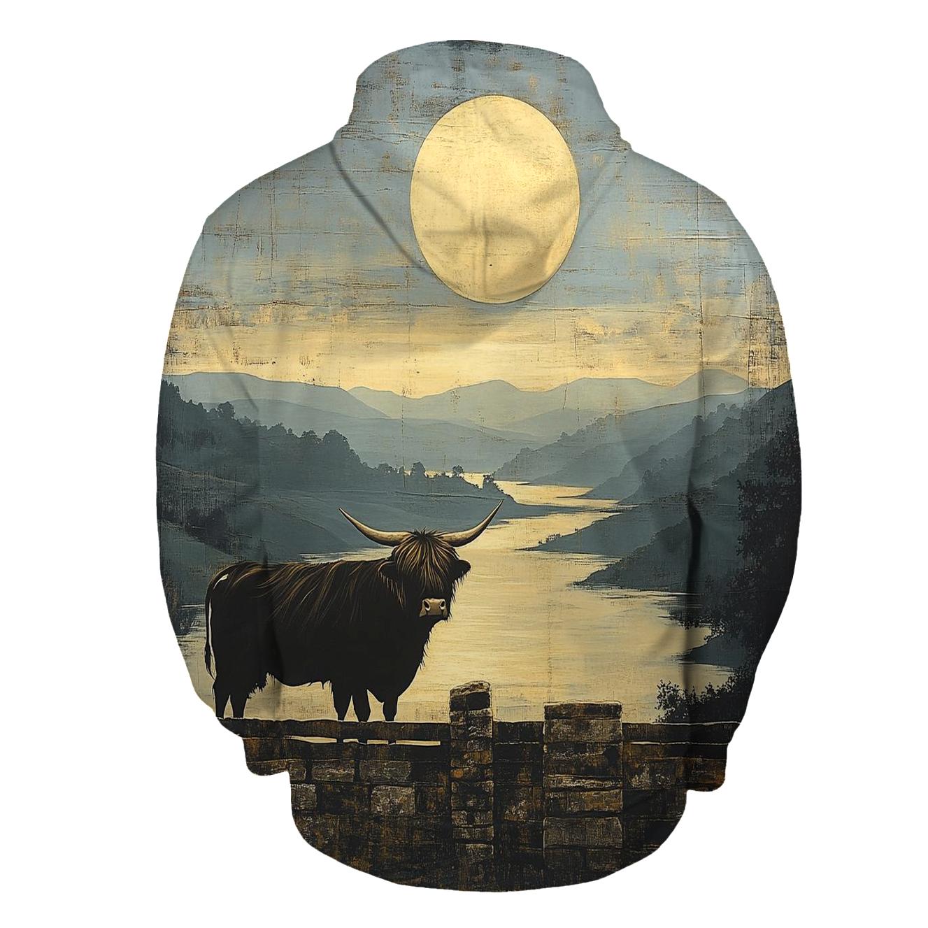 Highland Cow Dawn Eclipse Over The Glen zip-up hoodies