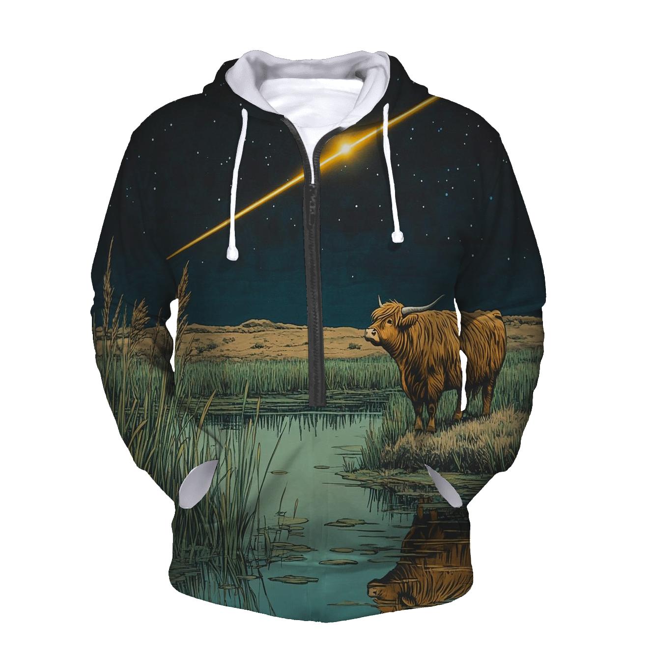 Meteor Path Across The Highland Cow Marsh designer hoodies