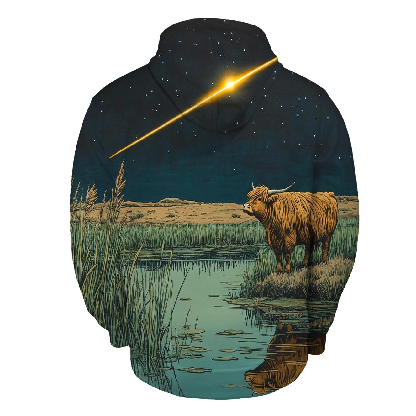 Meteor Path Across The Highland Cow Marsh designer hoodies