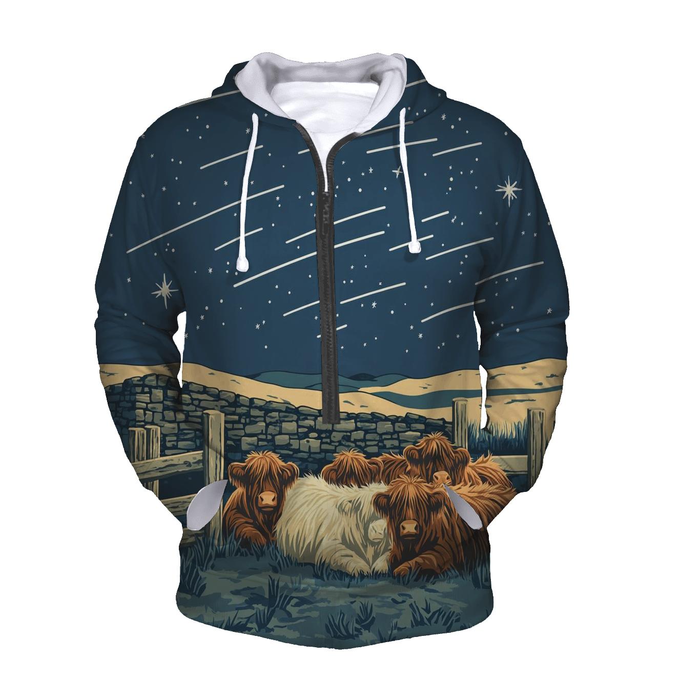 Satellite Trails Over The Highland Cow Fold hoodies fashion