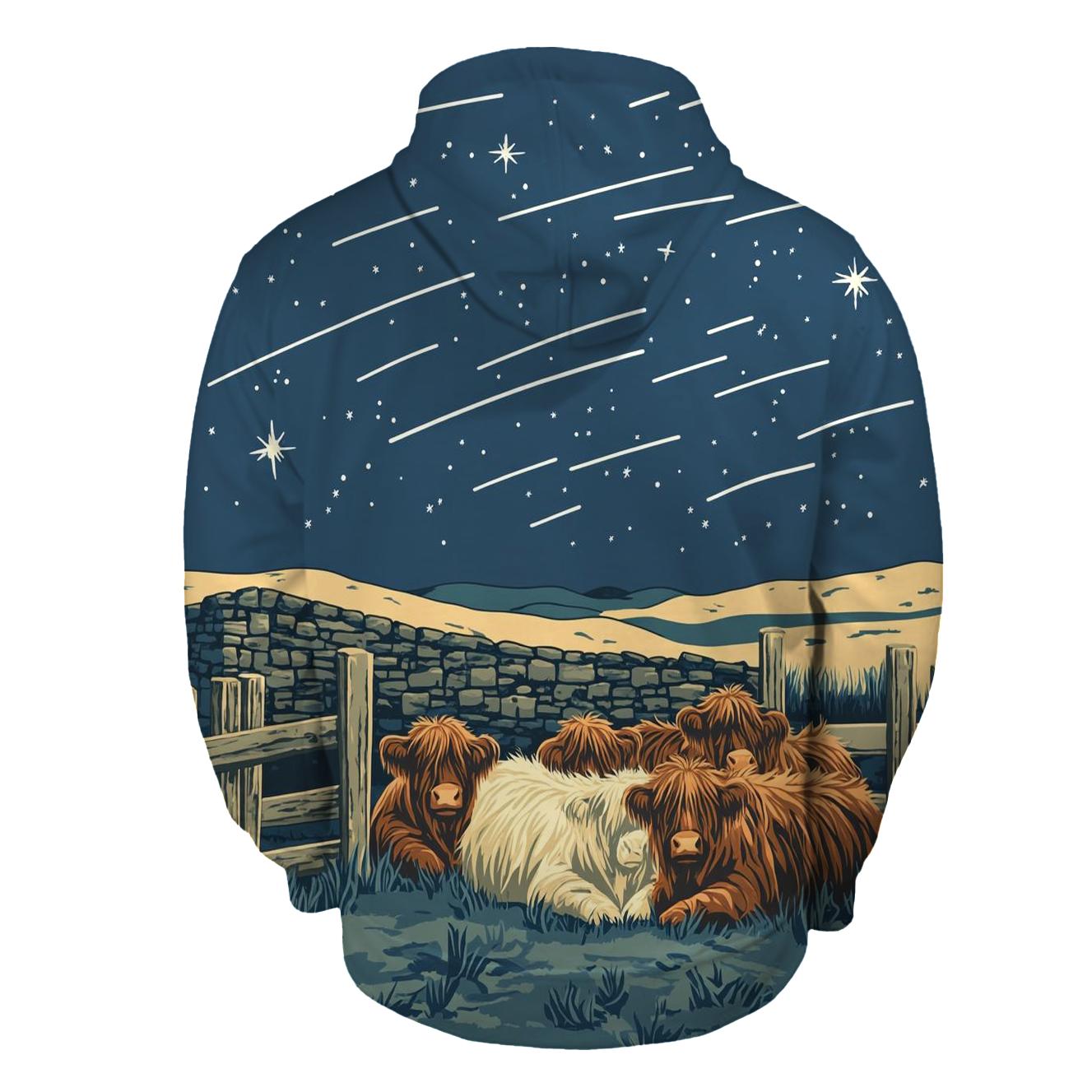 Satellite Trails Over The Highland Cow Fold hoodies fashion