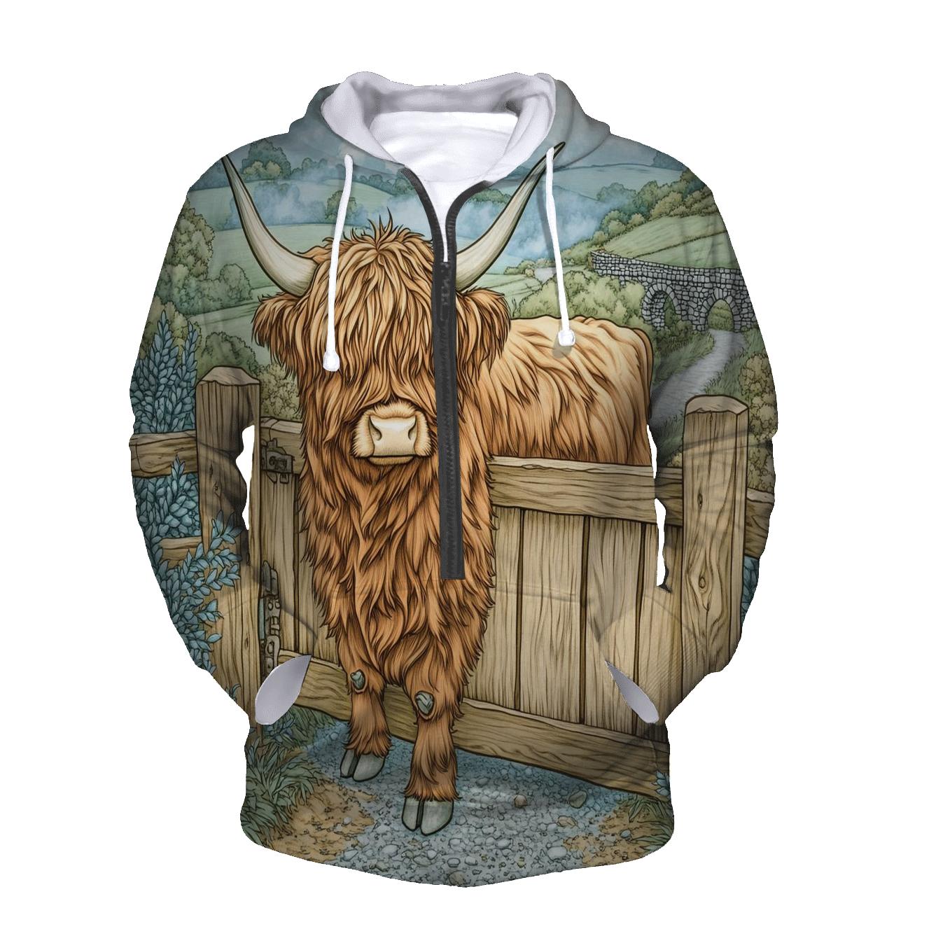 Morning Mist With A Highland Cow At The Gate hoodie trends