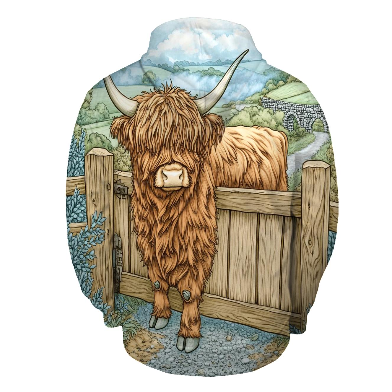 Morning Mist With A Highland Cow At The Gate hoodie trends