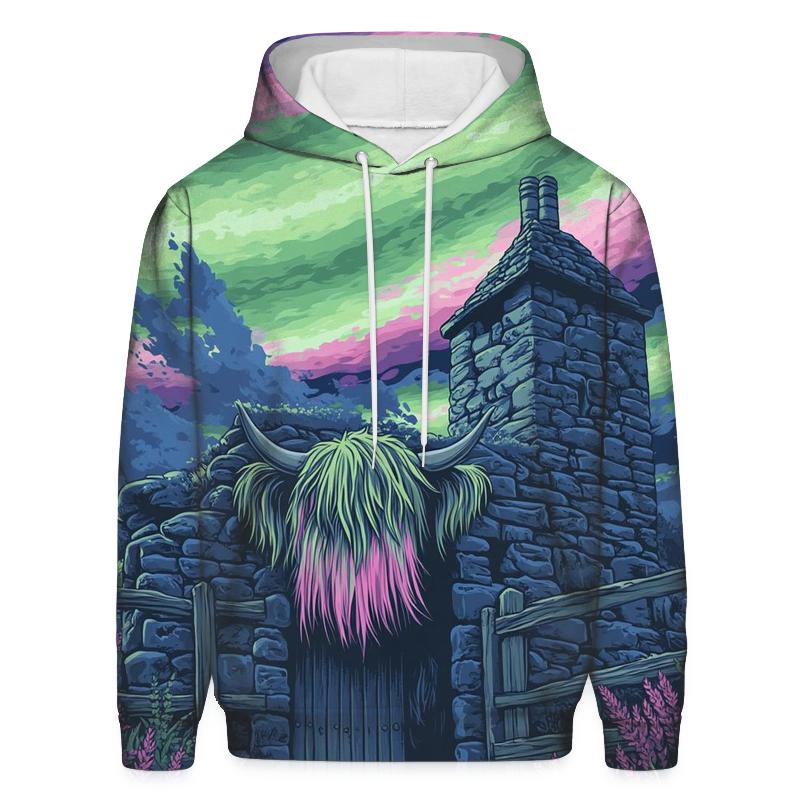 Aurora Dance Over The Rustic Highland Cow Byre hoodie trends