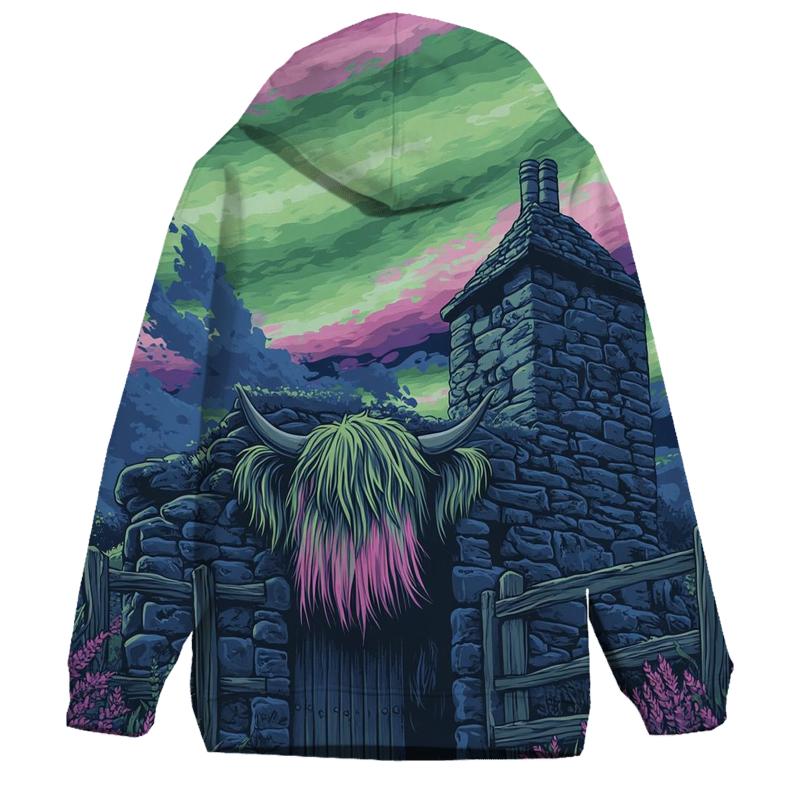 Aurora Dance Over The Rustic Highland Cow Byre hoodie trends