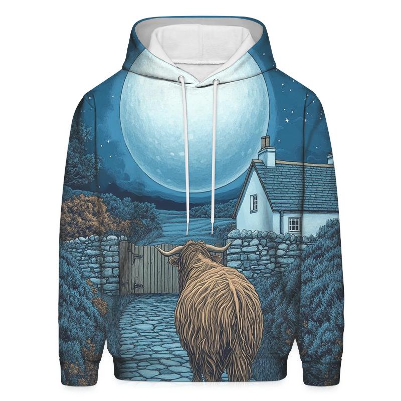 Moonlit Croft Path Highland Cow hoodie designs