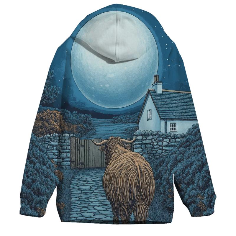 Moonlit Croft Path Highland Cow hoodie designs