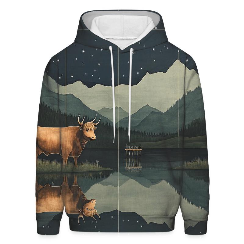 Highland Cow Reflections In The Star Loch embroidered hoodies