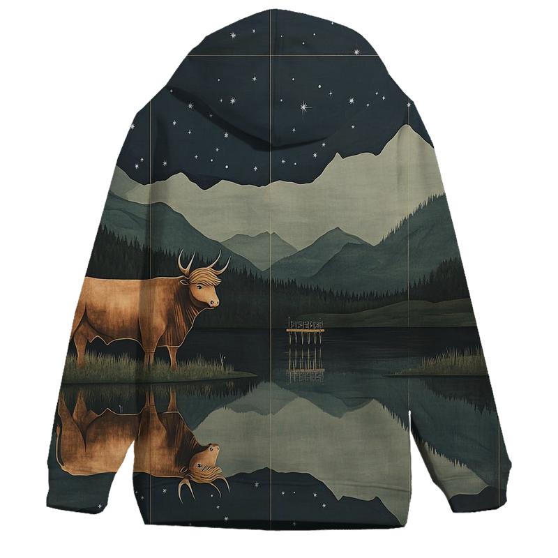 Highland Cow Reflections In The Star Loch embroidered hoodies