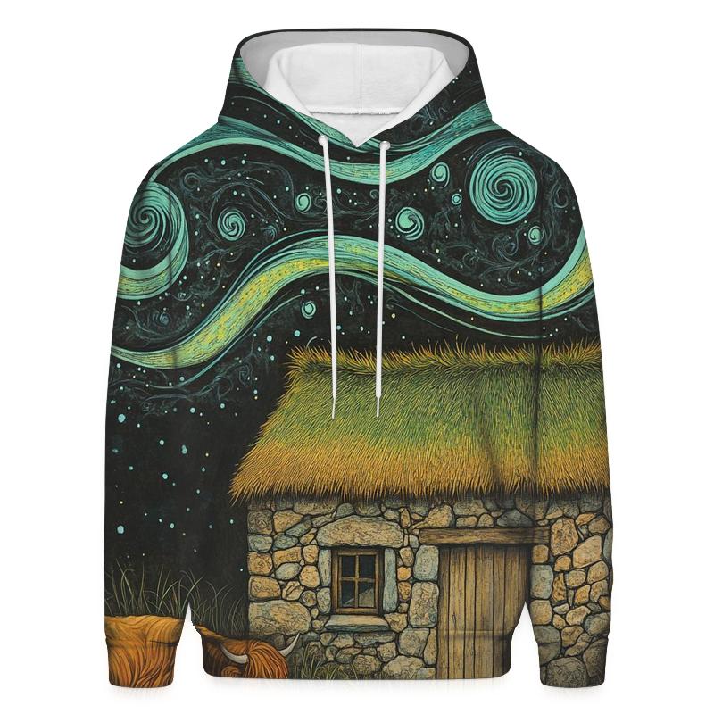 Solar Wind Over The Highland Cow Byre Roof embroidered hoodies