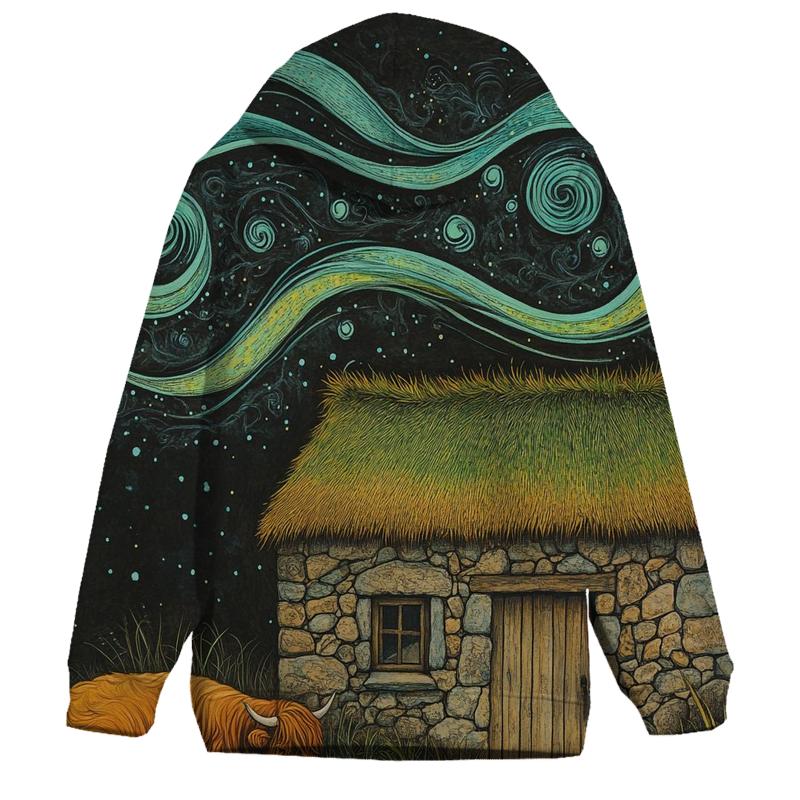Solar Wind Over The Highland Cow Byre Roof embroidered hoodies
