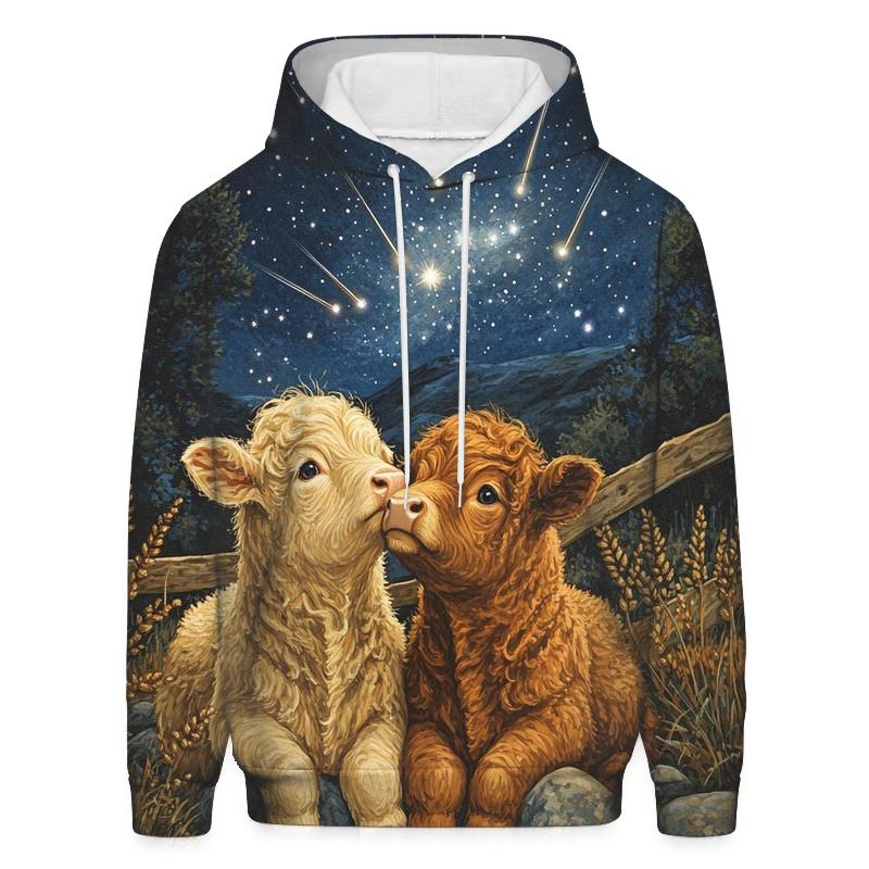 Meteor Shower Over Highland Cow Calves designer hoodies