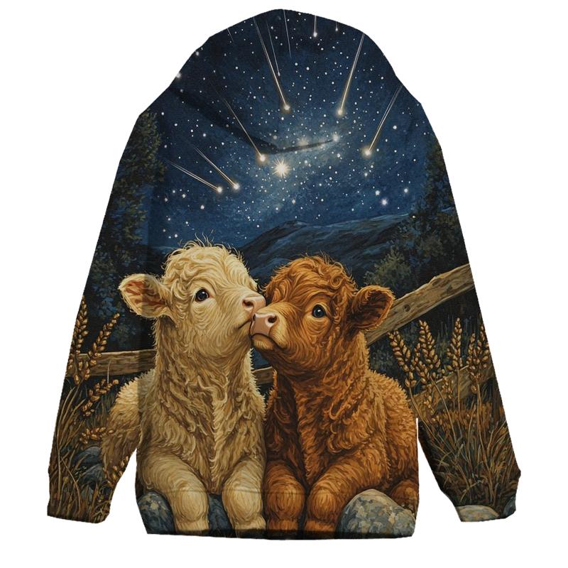 Meteor Shower Over Highland Cow Calves designer hoodies